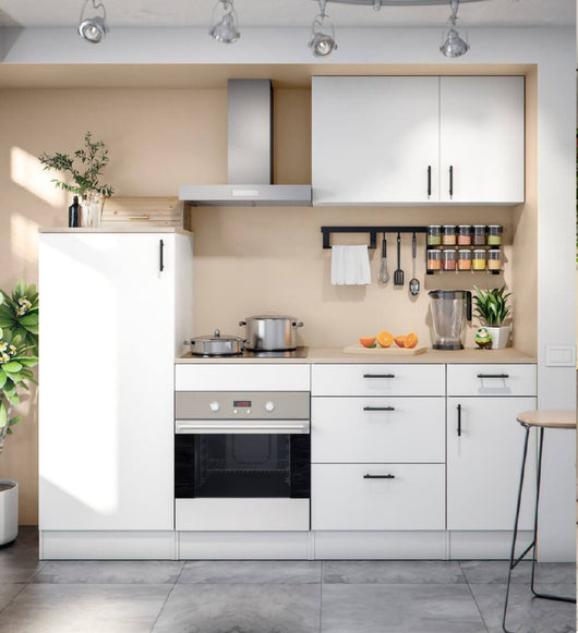 Cucina completa Althenis, Composizione cucina moderna, Set cucina componibile, Soluzione cucina funzionale, Bianco e Rovere