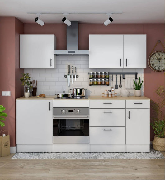 Cucina completa Moriantha, Composizione cucina moderna, Set cucina componibile, Soluzione cucina funzionale, Bianco e Rovere