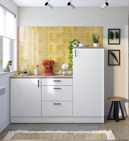 Cucina completa Zafrena, Composizione cucina moderna, Set cucina componibile, Soluzione cucina funzionale, Bianco e Rovere