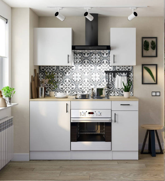 Cucina completa Thymira, Composizione cucina moderna, Set cucina componibile, Soluzione cucina funzionale, Bianco e Rovere