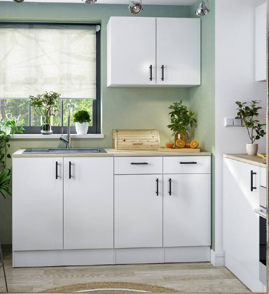 Cucina completa Velvenia, Composizione cucina moderna, Set cucina componibile, Soluzione cucina funzionale, Bianco e Rovere