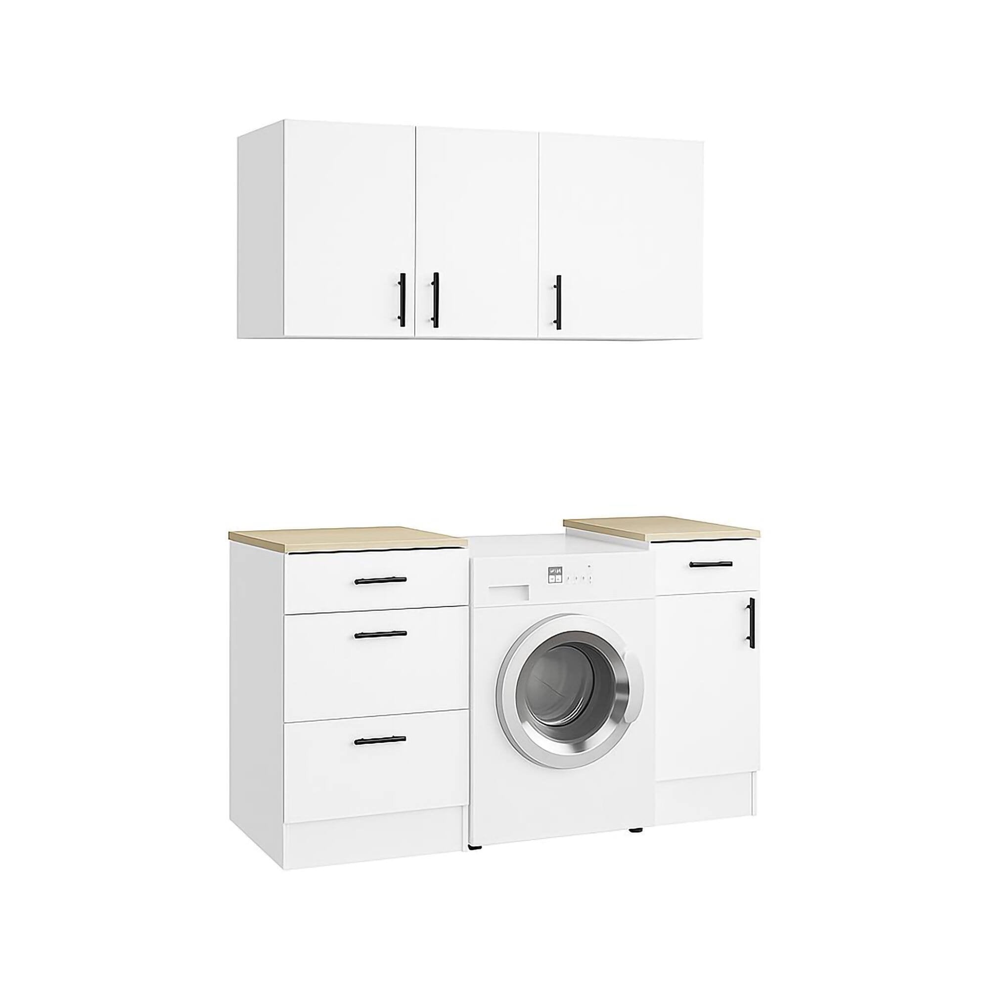 Set mobili per lavanderia Sesleria, Composizione lavanderia moderna, Soluzione salvaspazio per zona lavaggio, Bianco e Rovere