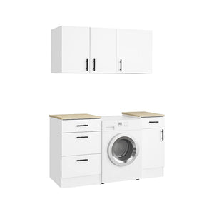 Set mobili per lavanderia Sesleria, Composizione lavanderia moderna, Soluzione salvaspazio per zona lavaggio, Bianco e Rovere