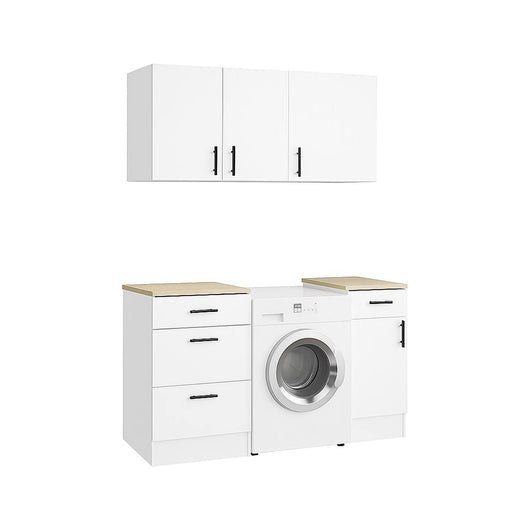 Set mobili per lavanderia Sesleria, Composizione lavanderia moderna, Soluzione salvaspazio per zona lavaggio, Bianco e Rovere