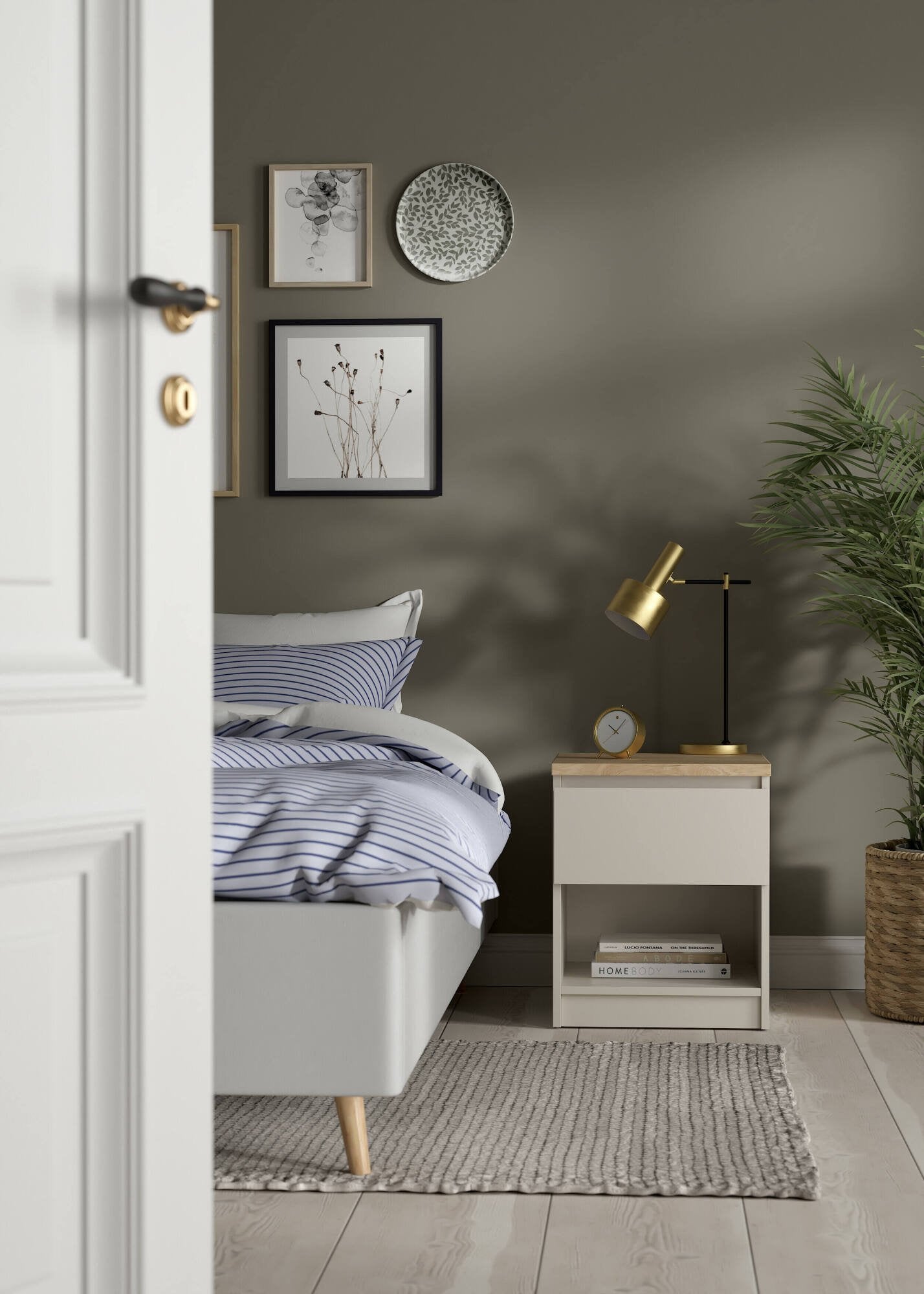 Comodino Solantra, comò basso con 1 cassetto, tavolino da notte compatto e funzionale, 40x40 h50 cm, Beige