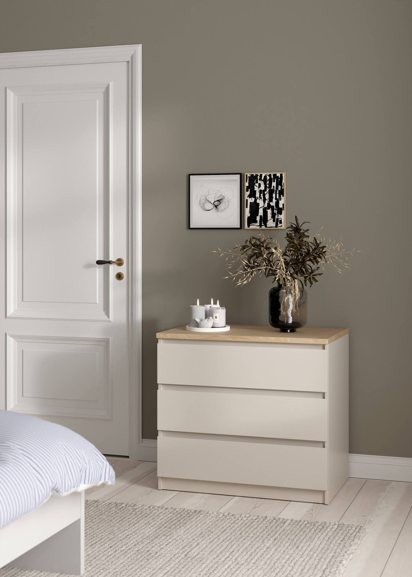 Cassettiera Vistara, settimino multiuso con 3 cassetti, comò elegante per camera da letto, 77x50 h70 cm, Beige