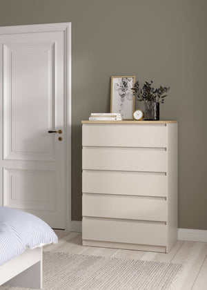 Cassettiera Nyvantis, settimino multiuso con 5 cassetti, comò elegante per camera da letto, 77x50 h111 cm, Beige