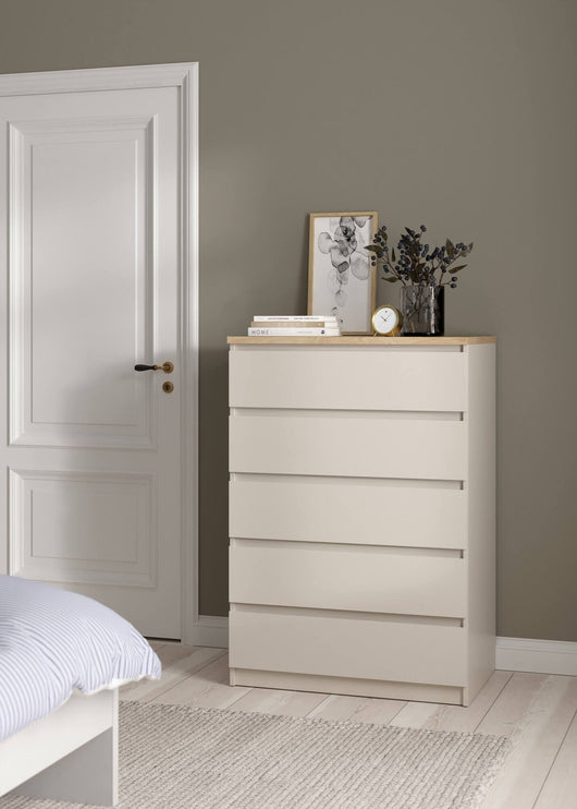 Cassettiera Nyvantis, settimino multiuso con 5 cassetti, comò elegante per camera da letto, 77x50 h111 cm, Beige