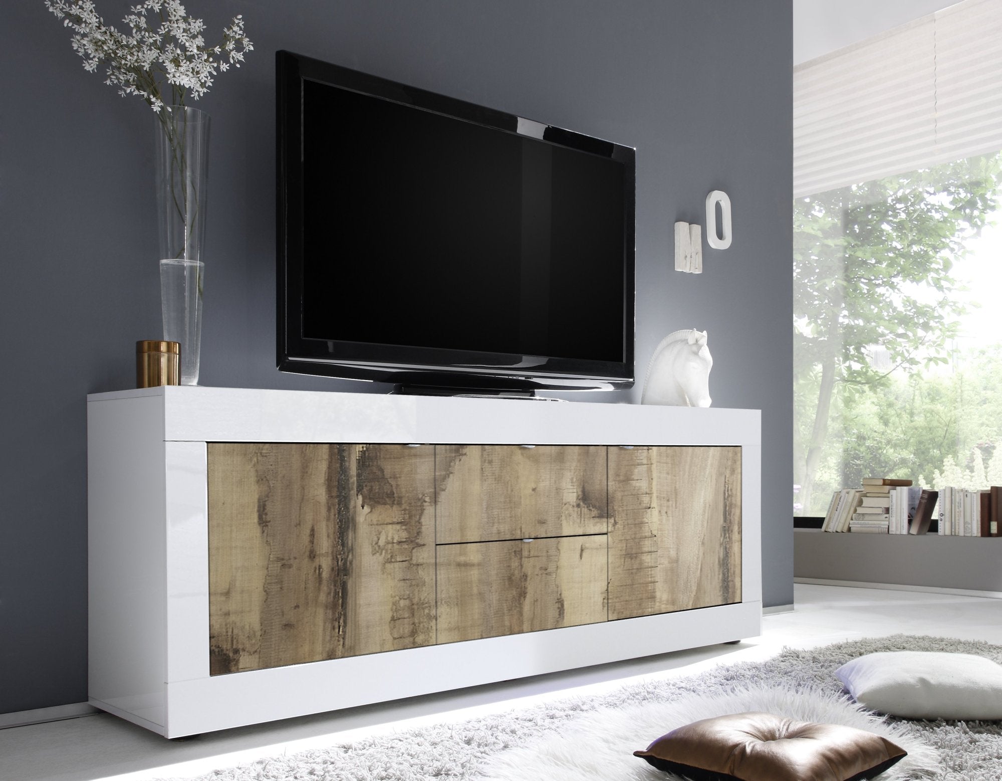 Sinello, Mobile Porta tv un Ripiano, 210x43x65h cm Bianco Lucido
