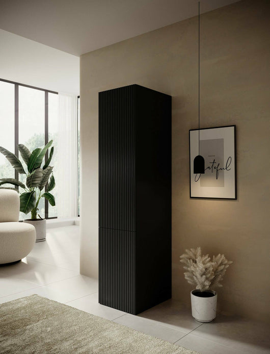 Armadio multiuso 1 anta Treville, Mobile multifunzionale con 4 ripiani interni, Finitura effetto cannettato, 45x56 h199 cm, Nero