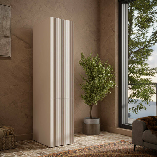 Armadio multiuso 1 anta Treville, Mobile multifunzionale con 4 ripiani interni, Finitura effetto cannettato, 45x56 h199 cm, Beige