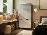 Guardaroba 2 ante Intelvi, Mobile multifunzionale con sei ripiani interni e una barra appendiabiti, Finitura effetto cannettato, 90x52 h185 cm, Beige