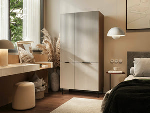 Guardaroba 2 ante Intelvi, Mobile multifunzionale con sei ripiani interni e una barra appendiabiti, Finitura effetto cannettato, 90x52 h185 cm, Beige