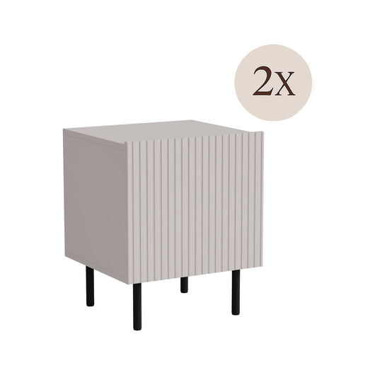 Set di 2 comodini Livraga, Comò basso con anta battente e vano interno, Finitura effetto cannettato, 45x40 h51 cm, Beige