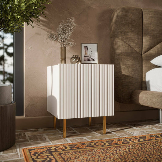 Set di 2 comodini Farini, Comò basso con anta battente e vano interno, Finitura effetto cannettato, 45x40 h51 cm, Beige