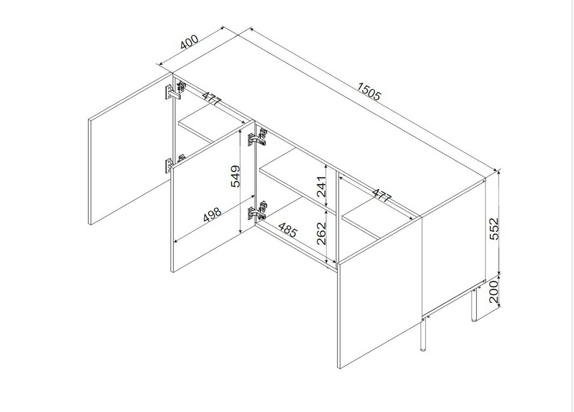 Credenza Vigasio, Madia da salotto con tre ante battenti, Rialzata da terra, 151x40 h75 cm, Bianco