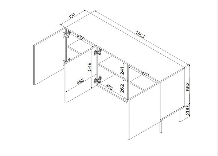Credenza Vigasio, Madia da salotto con tre ante battenti, Rialzata da terra, 151x40 h75 cm, Bianco
