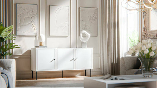 Credenza Vigasio, Madia da salotto con tre ante battenti, Rialzata da terra, 151x40 h75 cm, Bianco