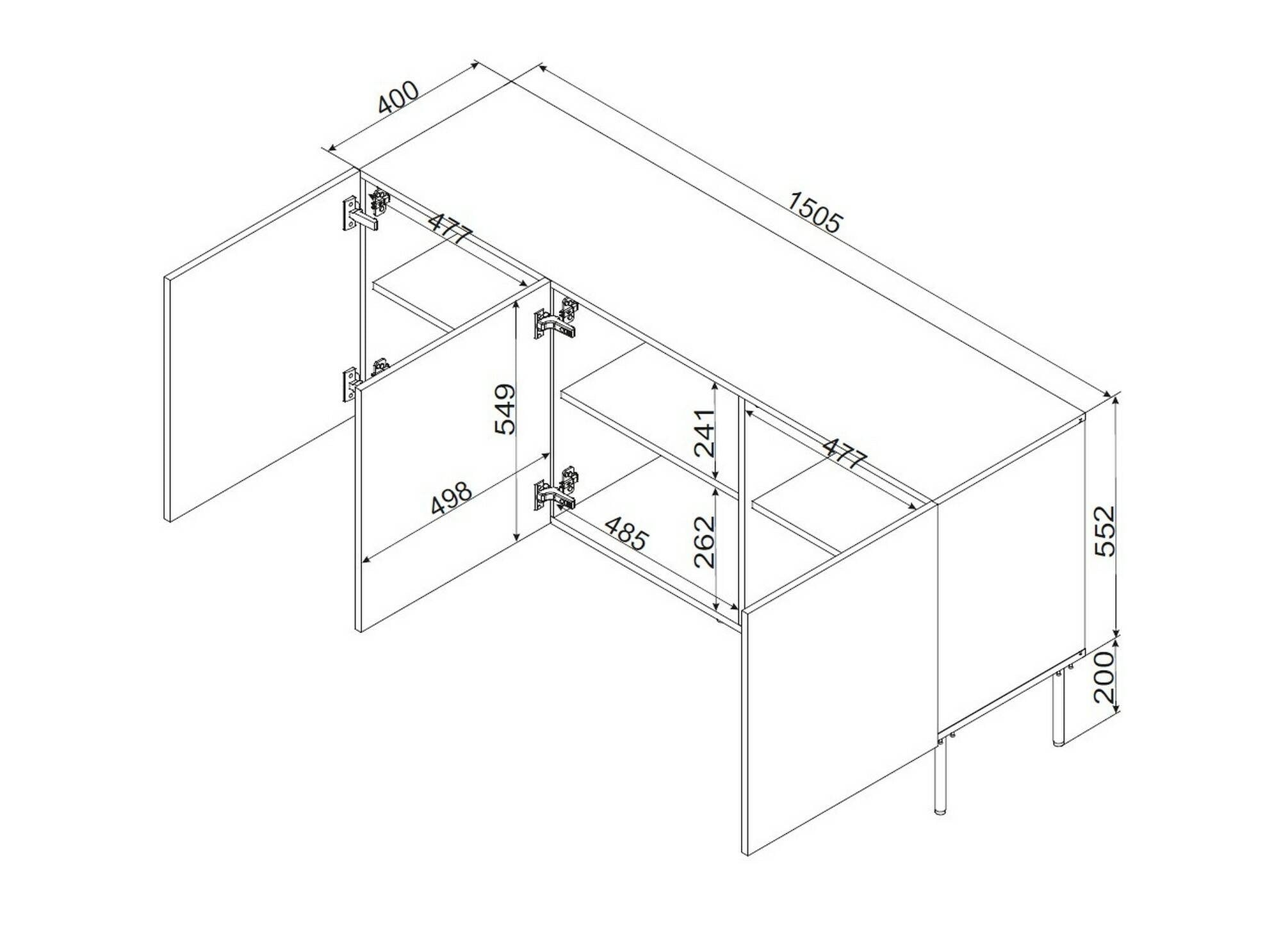 Credenza Vigasio, Madia da salotto con tre ante battenti, Rialzata da terra, 151x40 h75 cm, Nero