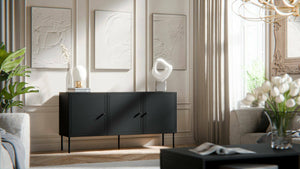 Credenza Vigasio, Madia da salotto con tre ante battenti, Rialzata da terra, 151x40 h75 cm, Nero