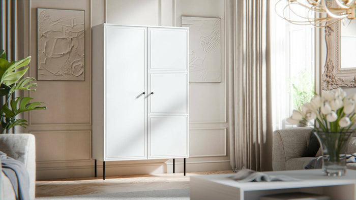 Armadio multiuso 2 ante Sedilo, Mobile multifunzionale con 6 ripiani interni, Finitura effetto liscio con disegni geometrici, 100x39 h166 cm, Bianco