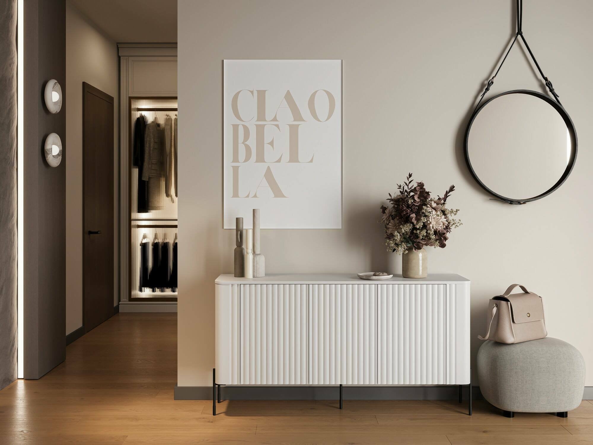 Credenza Susegana, Madia da salotto con tre ante battenti, Rialzata da terra, 150x40 h80 cm, Bianco