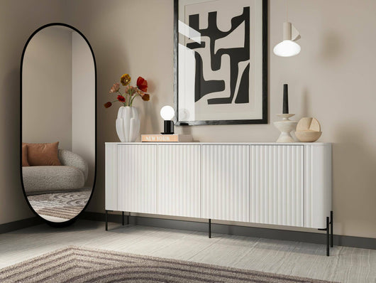 Credenza Laion, Madia da salotto con quattro ante battenti, Rialzata da terra, 190x40 h80 cm, Bianco