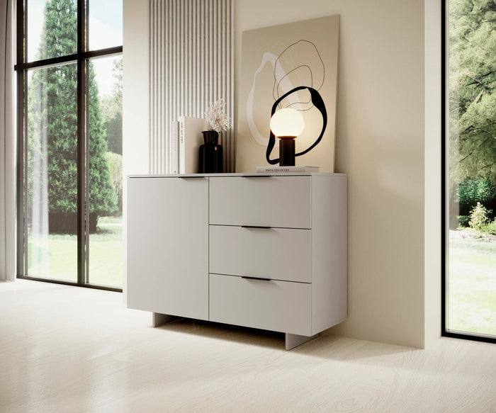 Credenza Rubiera, Madia da salotto con un'anta battente e tre cassetti, Rialzato da terra, 120x42 h90 cm, Beige