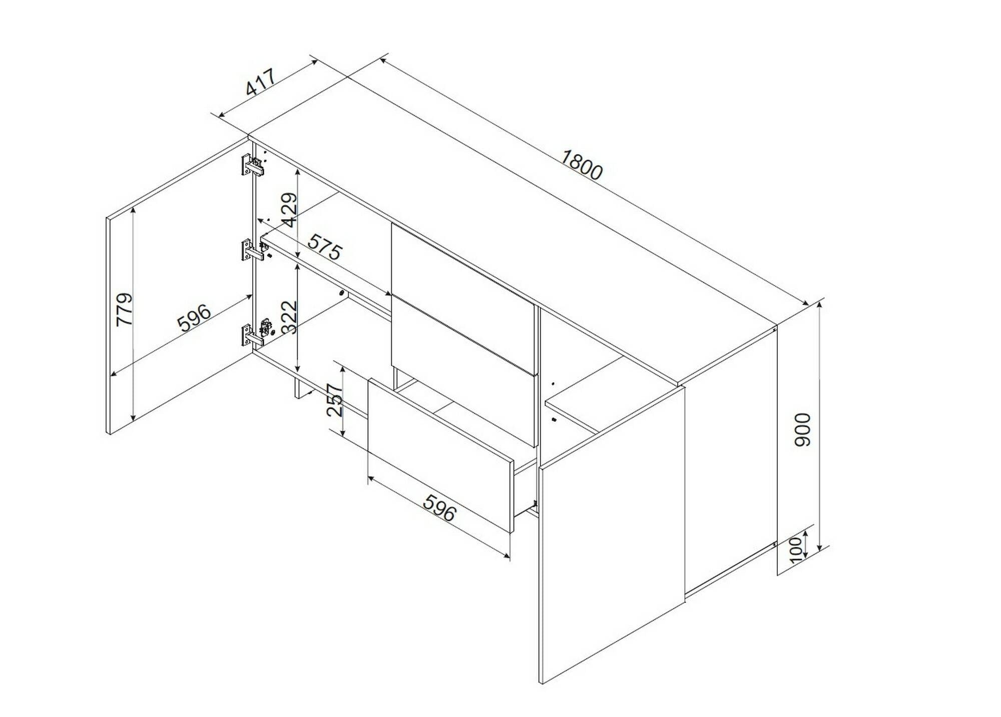 Credenza Neive, Madia da salotto con due ante battenti e tre cassetti, Rialzato da terra, 180x42 h90 cm, Beige