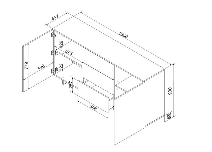 Credenza Neive, Madia da salotto con due ante battenti e tre cassetti, Rialzato da terra, 180x42 h90 cm, Beige