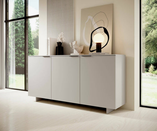 Credenza Neto, Madia da salotto con tre ante battenti, Rialzato da terra, 180x42 h90 cm, Beige