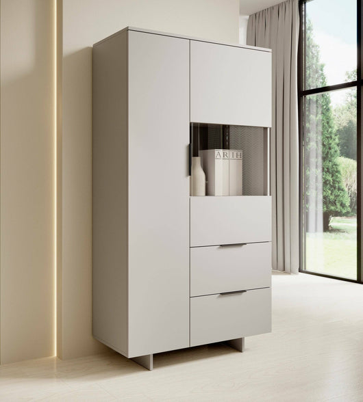 Credenza Rimella, Madia da salotto con due ante battenti e due cassetti, Rialzato da terra, 90x42 h170 cm, Beige