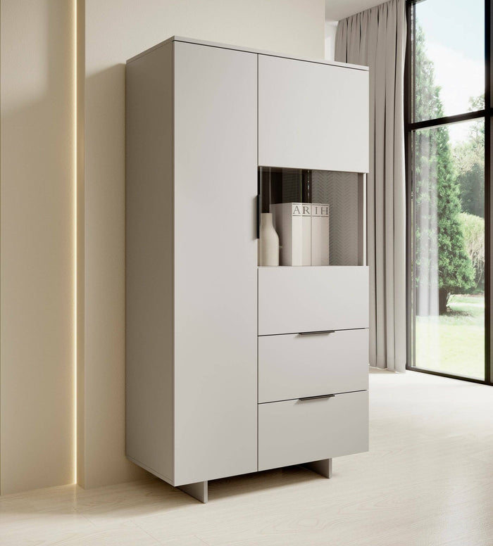 Credenza Rimella, Madia da salotto con due ante battenti e due cassetti, Rialzato da terra, 90x42 h170 cm, Beige