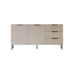 Credenza Monzuno, Madia da salotto con due ante battenti e tre cassetti, Rialzato da terra, 156x42 h75 cm, Noce e Beige