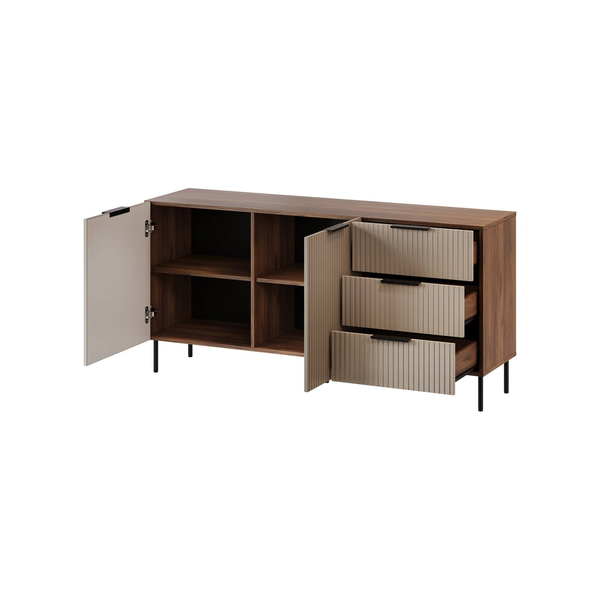 Credenza Monzuno, Madia da salotto con due ante battenti e tre cassetti, Rialzato da terra, 156x42 h75 cm, Noce e Beige