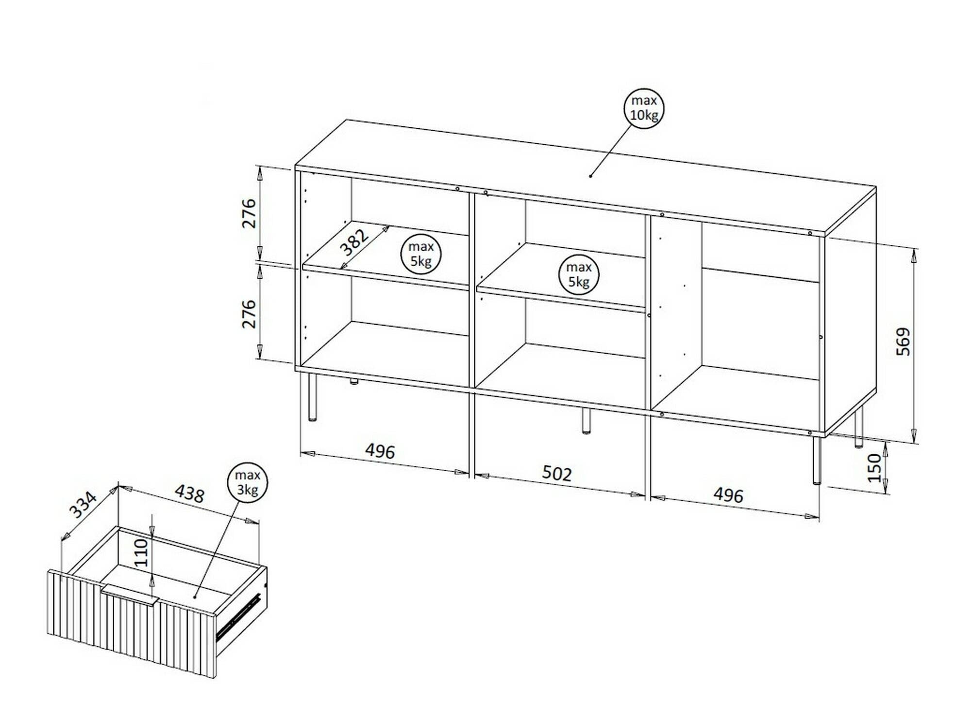 Credenza Monzuno, Madia da salotto con due ante battenti e tre cassetti, Rialzato da terra, 156x42 h75 cm, Noce e Beige