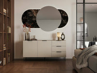 Credenza Monzuno, Madia da salotto con due ante battenti e tre cassetti, Rialzato da terra, 156x42 h75 cm, Noce e Beige