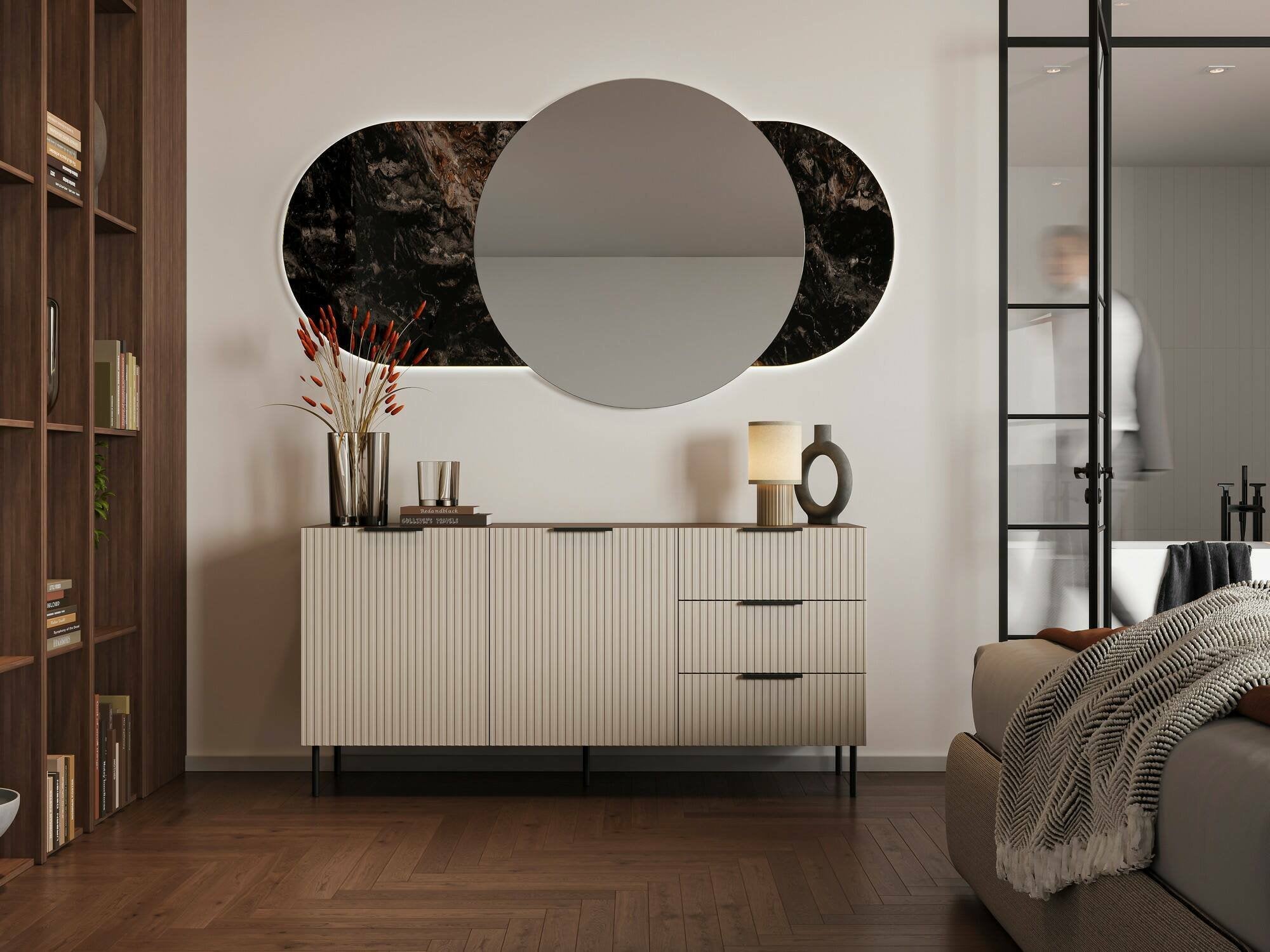 Credenza Monzuno, Madia da salotto con due ante battenti e tre cassetti, Rialzato da terra, 156x42 h75 cm, Noce e Beige