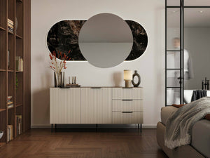 Credenza Monzuno, Madia da salotto con due ante battenti e tre cassetti, Rialzato da terra, 156x42 h75 cm, Noce e Beige