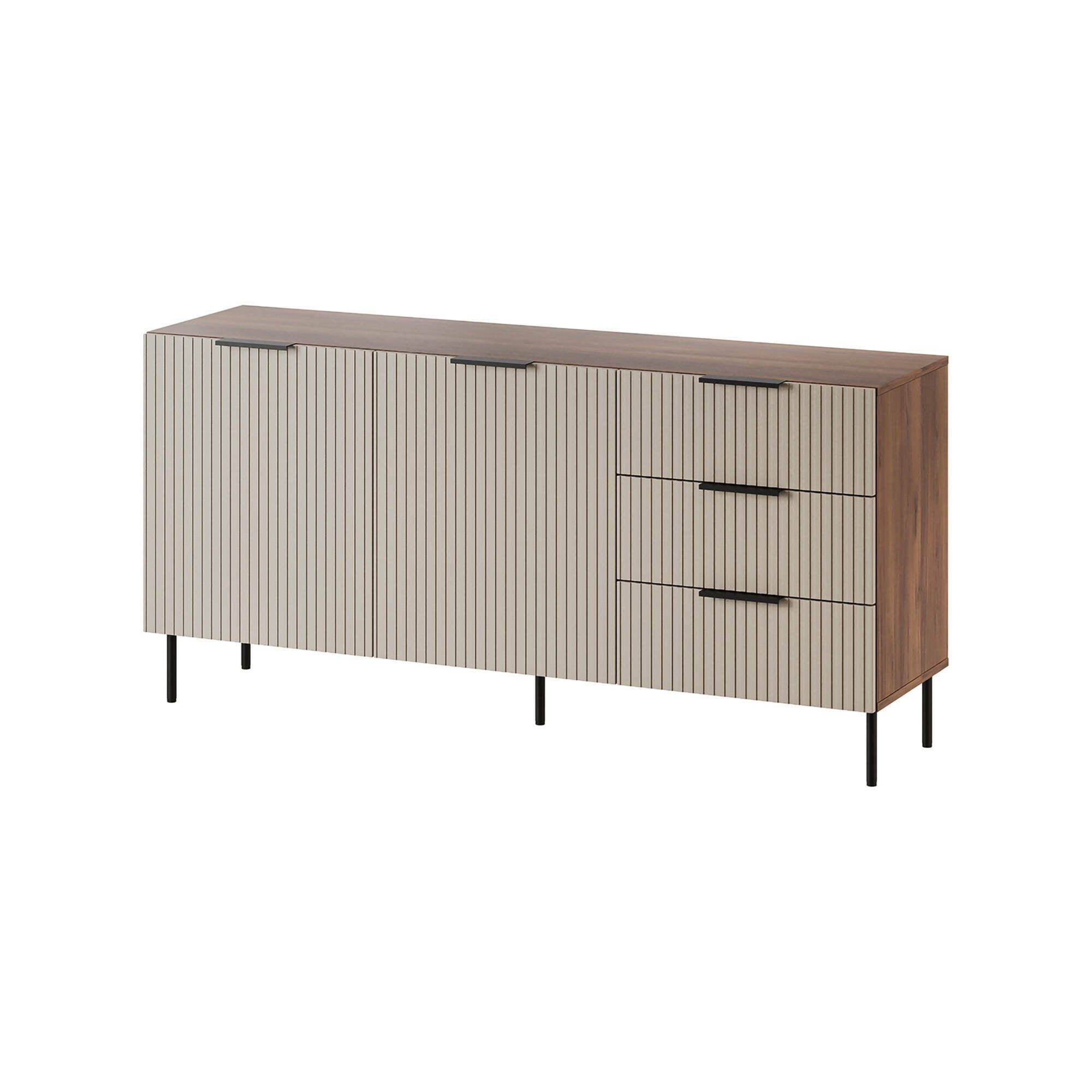 Credenza Monzuno, Madia da salotto con due ante battenti e tre cassetti, Rialzato da terra, 156x42 h75 cm, Noce e Beige