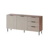 Credenza Monzuno, Madia da salotto con due ante battenti e tre cassetti, Rialzato da terra, 156x42 h75 cm, Noce e Beige
