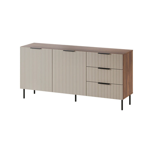 Credenza Monzuno, Madia da salotto con due ante battenti e tre cassetti, Rialzato da terra, 156x42 h75 cm, Noce e Beige