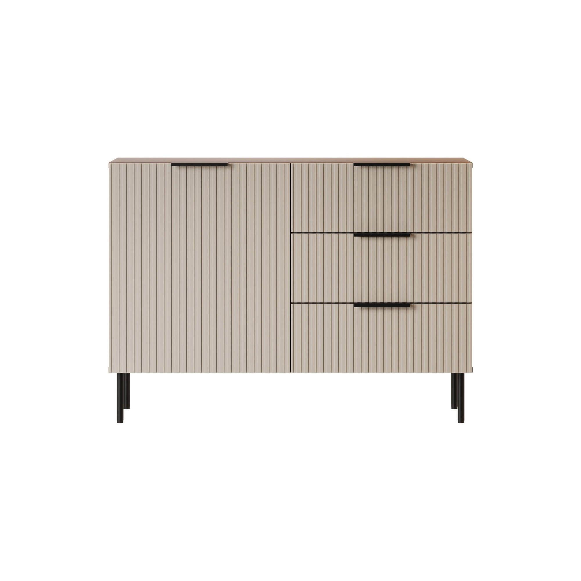 Credenza Grado, Madia da salotto con un'anta battente e tre cassetti, Rialzato da terra, 104x42 h75 cm, Noce e Beige