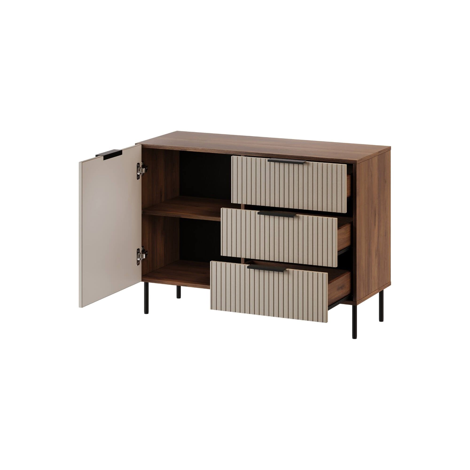 Credenza Grado, Madia da salotto con un'anta battente e tre cassetti, Rialzato da terra, 104x42 h75 cm, Noce e Beige