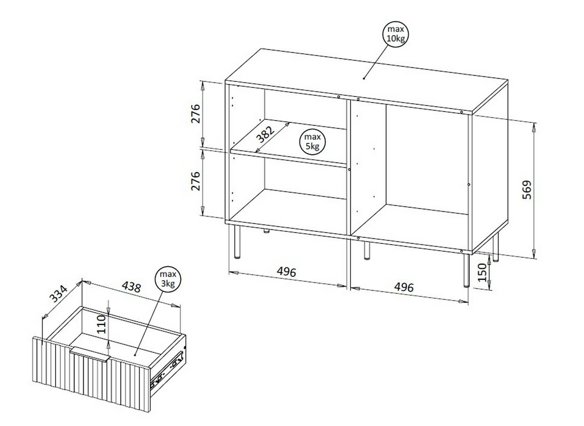 Credenza Grado, Madia da salotto con un'anta battente e tre cassetti, Rialzato da terra, 104x42 h75 cm, Noce e Beige