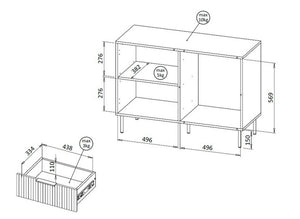 Credenza Grado, Madia da salotto con un'anta battente e tre cassetti, Rialzato da terra, 104x42 h75 cm, Noce e Beige