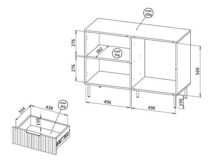 Credenza Grado, Madia da salotto con un'anta battente e tre cassetti, Rialzato da terra, 104x42 h75 cm, Noce e Beige