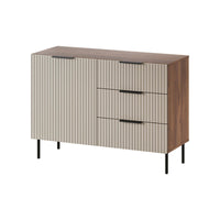Credenza Grado, Madia da salotto con un'anta battente e tre cassetti, Rialzato da terra, 104x42 h75 cm, Noce e Beige