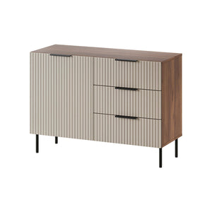 Credenza Grado, Madia da salotto con un'anta battente e tre cassetti, Rialzato da terra, 104x42 h75 cm, Noce e Beige