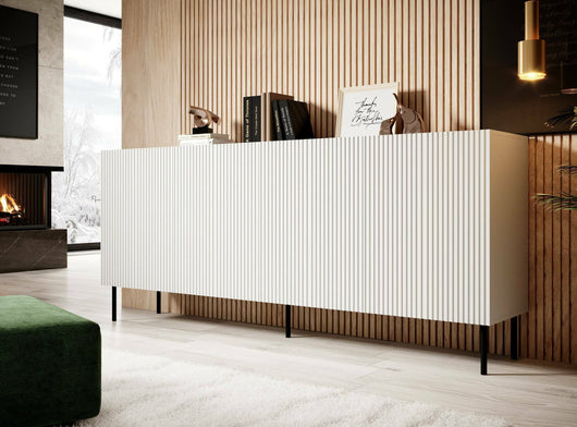 Credenza Corana, Madia da salotto con quattro ante battenti, Rialzato da terra, 200x42 h82 cm, Bianco